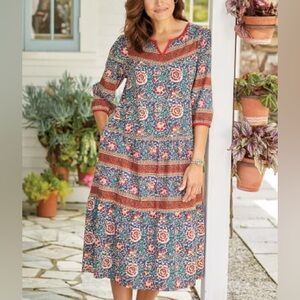 LA CERA Notched Neckline Cotton 3/4 Sleeve MuuMuu Midi Dress Women's Medium